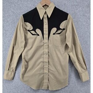 Vtg 70s Dee Cee Western Wear Pearl Snap Shirt Men's 36 13/14 Tan Black Cowboy